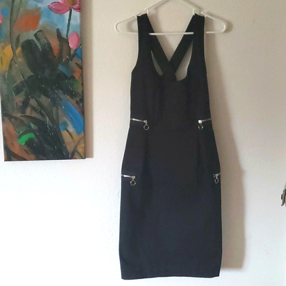 Zara Black Cotton Fitted Criss-Cross Straps Dress W/ Zippers Size Medium - Picture 11 of 11